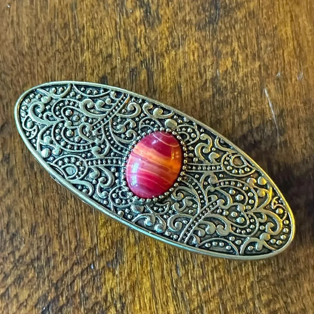 Jeweled French Barrette Set – Simulated Gemstone Inlay: Turquoise, Coral & Opal
